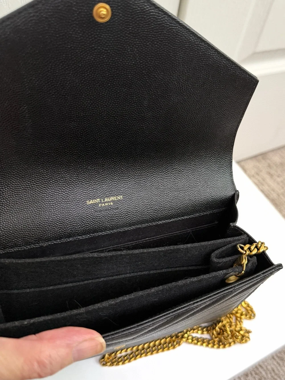 Saint Laurent Black Chevron Quilted Leather Clutch with matching Card Holder
